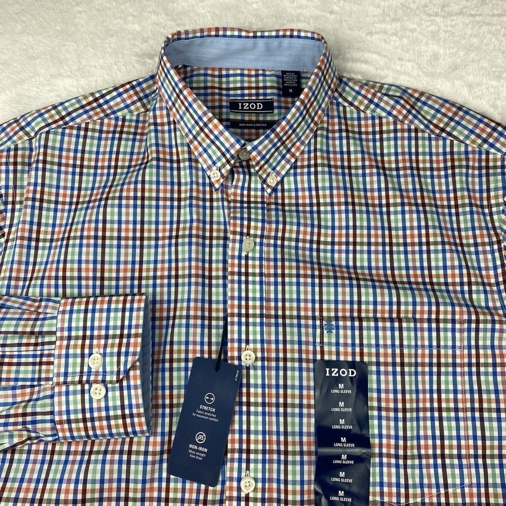 IZOD Shirt Mens Medium Multi-Color Checks No Iron Stretch New w/Tags!